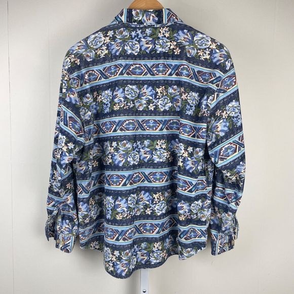 Vintage CM Company‎ Corduroy Shirt Button Up Blue Floral Stripe Womens Large - Picture 4 of 5